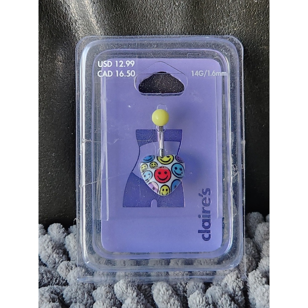 NEW~Claire's Smiley‎ Face Heart Belly Ring 14G Stainless Steel Navel Playful